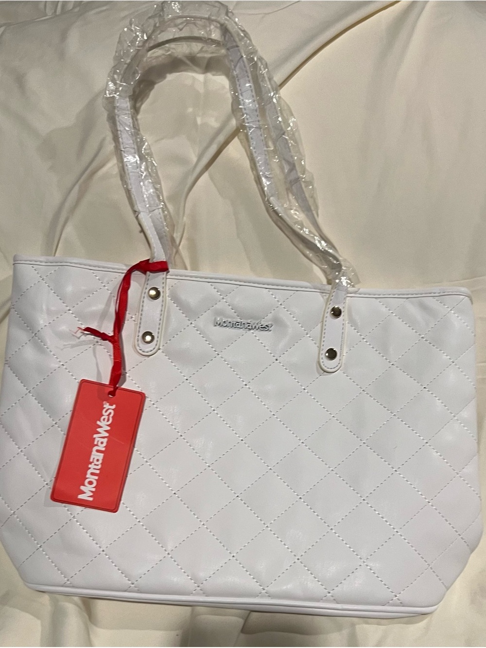 Montana West White Quilted Tote with Red Tag